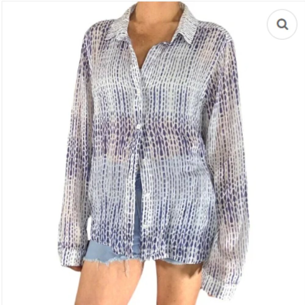 Bella Dahl Medium Blue White Pattern Ultra‎ Soft Lyocell Button Down Preppy Top